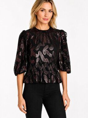 Rebecca Taylor Lurex Jacquard Silk Top Black Plum Puff Sleeve Size 8 NWT